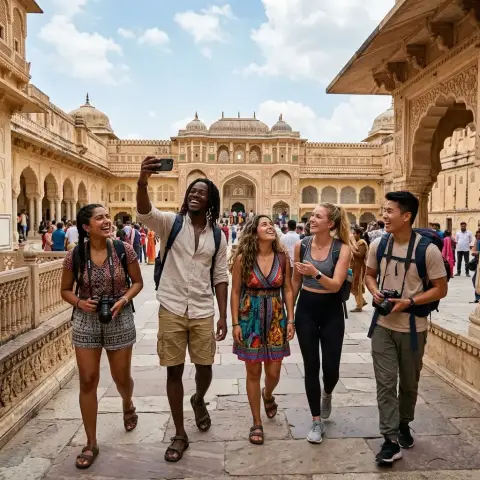 Happy travellers exploring India